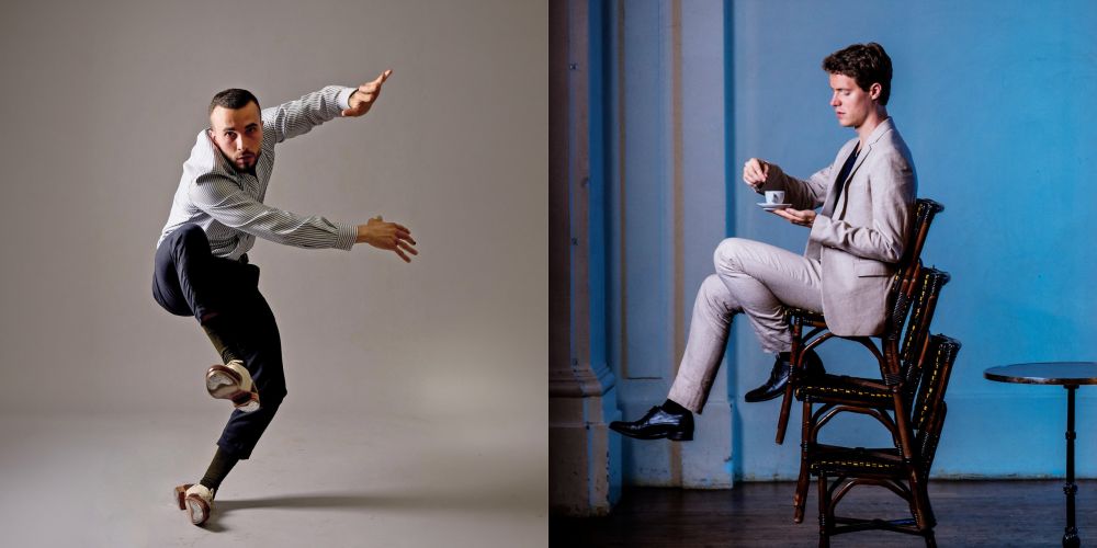 Ein Stepptänzer in Aktion und ein junger Mann in grauem Anzug auf einem Stuhlstapel