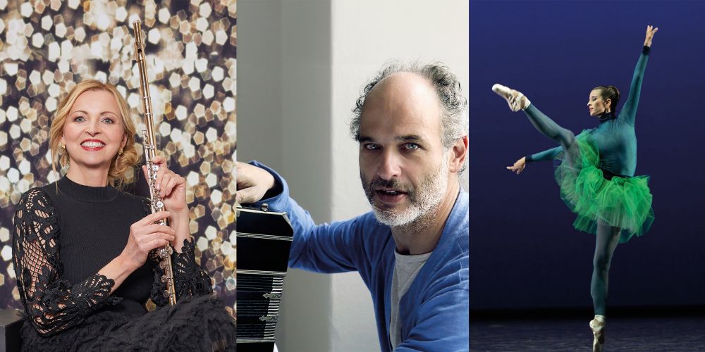 3 Portraits nebeneinander: Flötistin, Bandoneonist, Tänzerin