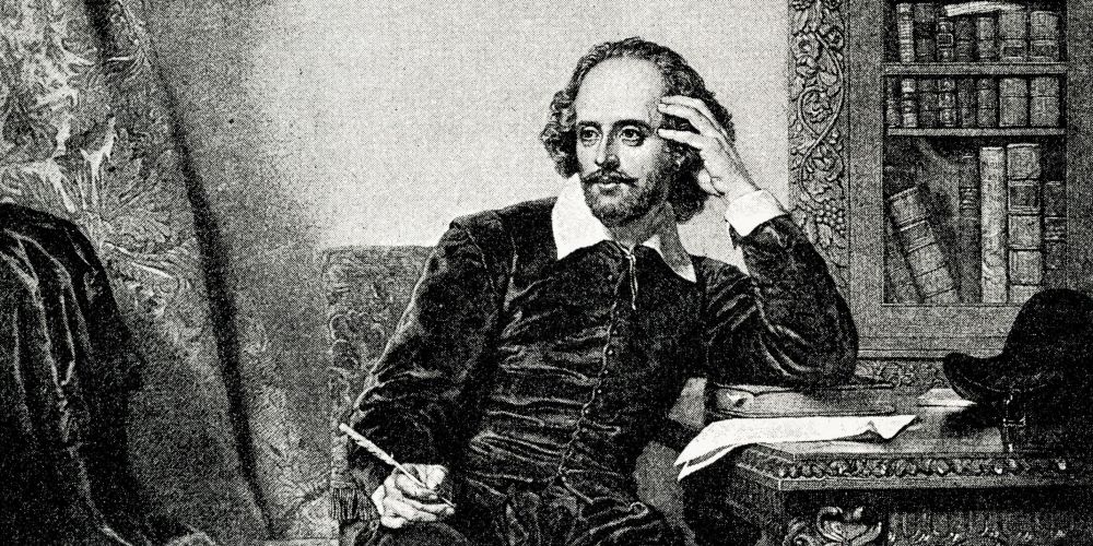Stich: Shakespeare sitzt sinnierend mit Schreibfeder in der Hand an einem Tisch
