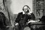 Stich: Shakespeare sitzt sinnierend mit Schreibfeder in der Hand an einem Tisch